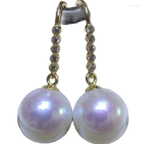 Boucles d'Oreilles Pendantes 10-11 Mm Authentique Ronde Naturelle Perle Blanche des Mers du Sud 925s