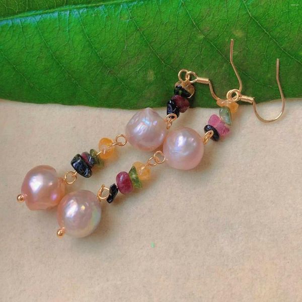 Boucles d'oreilles pendantes 10-11 mm naturel baroque rose perle tourmaline or crochet d'oreille fête des mères Thanksgiving année d'eau douce bijoux porte-bonheur