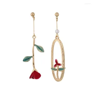 Pendientes colgantes, 10 par/lote, venta al por mayor, flor rosa esmaltada de Metal para mujer