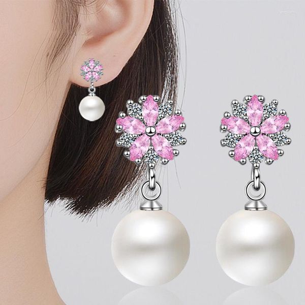 Pendientes colgantes de perlas de 10mm para mujeres y niñas, flor de cerezo rosa, Circonia cúbica de cristal, joyería para fiesta y boda, regalos