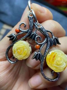 Boucles d'oreilles pendantes 10 pièces/lot fleur d'ambre naturel goutte la sculpture est exquise fleurs de pivoine S925 argent Agate rouge du sud embelli Gitf
