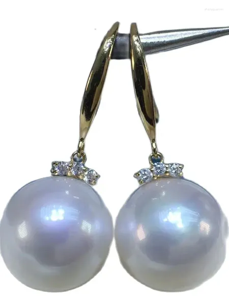 Boucles d'oreilles pendantes 11-12 mm, perle blanche naturelle de la mer de Chine méridionale circulaire