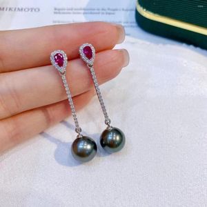 Pendientes colgantes de perlas de 11-12mm para mujer, gota negra redonda de Tahití Real, joyería fina de plata de ley 925 con circón rojo