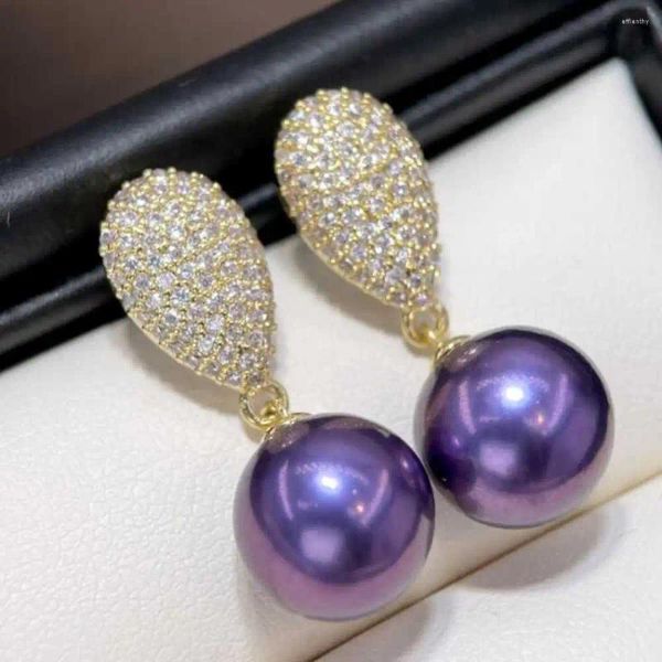 Boucles d'oreilles pendantes 11-12MM violet perle naturelle 18K incrustée de Zircon femmes cadeau crochet FOOL'S DAY oreille Stud Thanksgiving classique CARNIVAL