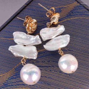 Boucles d'oreilles pendantes 11-13mm, perle baroque blanche naturelle, crochet 18k, accessoires fins de mode