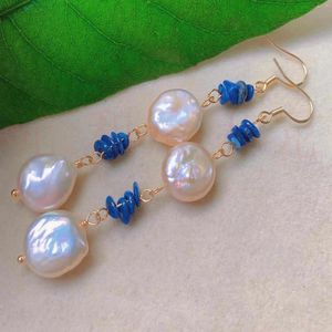 Boucles d'oreilles en peluche 12-13 mm Couleur naturelle Plat Perle Lapis Lazuli Gold Party Crystal Modern Ear Cuff Anniversary Chandelier