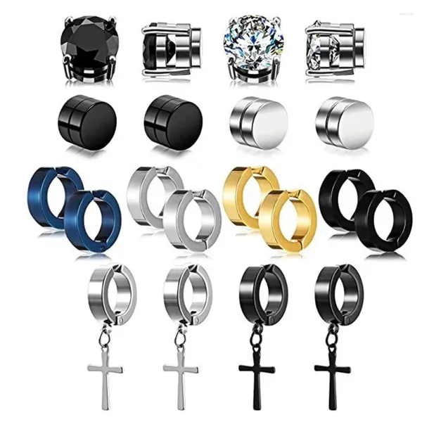 Boucles d'oreilles pendantes 12 paires pour hommes, ensemble de boucles d'oreilles à Clip d'oreille en acier inoxydable, clou en Zircon magnétique sans perçage pour hommes