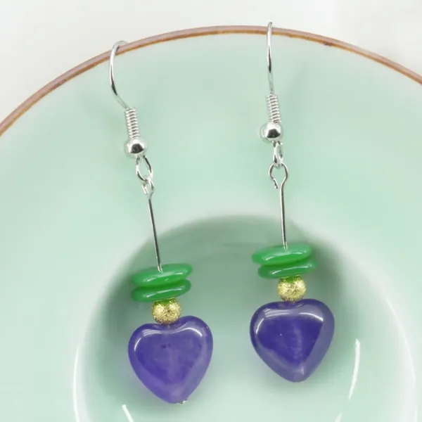 Pendientes colgantes de 12 mm con forma de corazón, jades morados, gota de calcedonia con ábaco, cuentas de resina verde, diseño de joyería DIY, regalo para mujeres y niñas