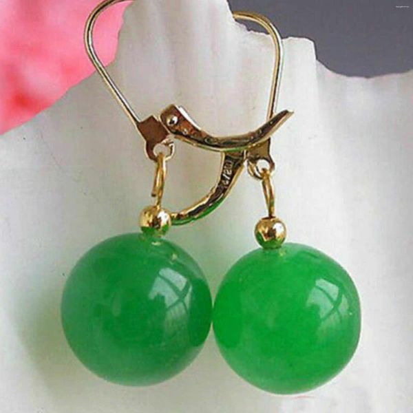 Boucles d'oreilles pendantes en perles de jade rondes vertes naturelles de 12 mm, or 14 carats, cadeaux de vacances porte-bonheur, classiques, Thanksgiving, Noël, fête des mères