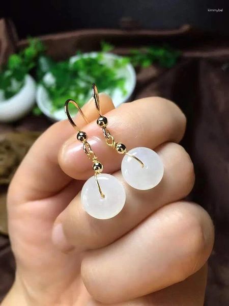 Boucles d'oreilles pendantes en Jade Hetian naturel de 12mm pour femmes, perles rondes en cristal d'amour, bijoux en pierres précieuses en or 14K