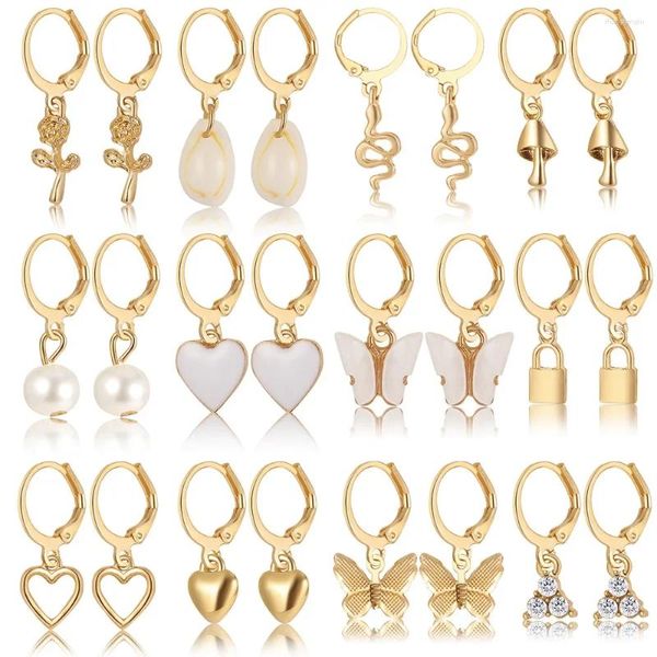 Boucles d'oreilles en peluche 12pcs / ensemble ensemble géométrique pour les femmes Love Pearl Lock Snake Butterfly Champignon