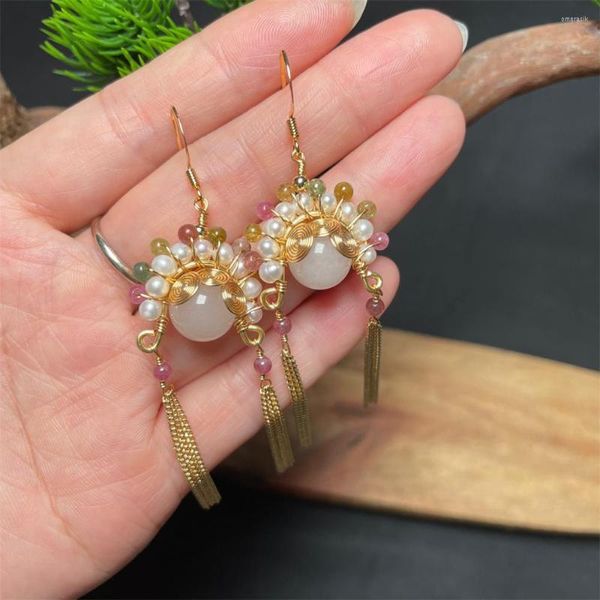 Boucles d'oreilles pendantes 14K or rétro pékin opéra facial boucle d'oreille chinois perle jade gemme gland crochet pour femmes Vintage fille bijoux