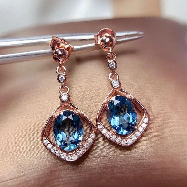 Pendientes colgantes 14k Color oro rosa Cristal azul Topacio Circón Diamantes Piedras preciosas Pendiente colgante para mujer Joyería Brincos Accesorios