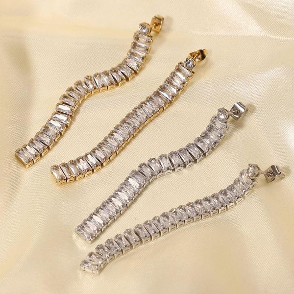 Dangle Boucles D'oreilles En Acier Inoxydable 14K De Luxe Pave Carré Zircon Cubique Pour Les Femmes Brillant Zircon Lien Chaîne Tennis Vintage À La Mode Boucle D'oreille