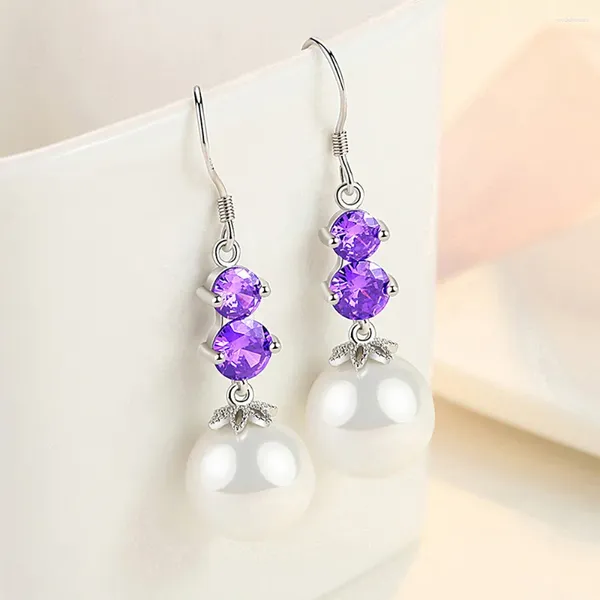 Boucles d'oreilles pendantes 14 carats couleur or blanc perle violet cristal améthyste pierres précieuses diamants goutte pour femmes chic élégant bijoux accessoires
