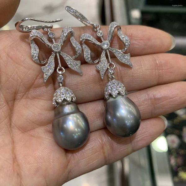 Boucles d'oreilles pendantes en argent Sterling 925, perle de Tahiti naturelle, goutte d'eau, couleur grise, avec nœud papillon en Zircon cubique, bijoux fins pour femmes, 14MM