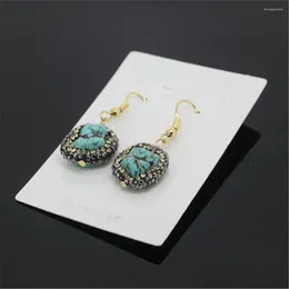 Boucles d'oreilles pendantes 16-18mm, perles en pierre Turquoises vertes brutes naturelles pavées de strass dorés noirs, breloques, cadeau pour femmes et filles