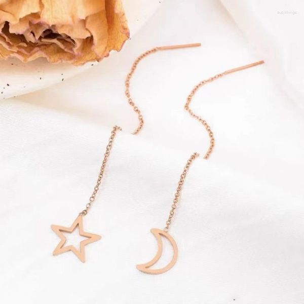 Pendientes colgantes de oro de 18 quilates con forma de luna y estrella, línea asimétrica para mujeres y niñas, joyería fina con borlas Au750, estilo Ins japonés coreano