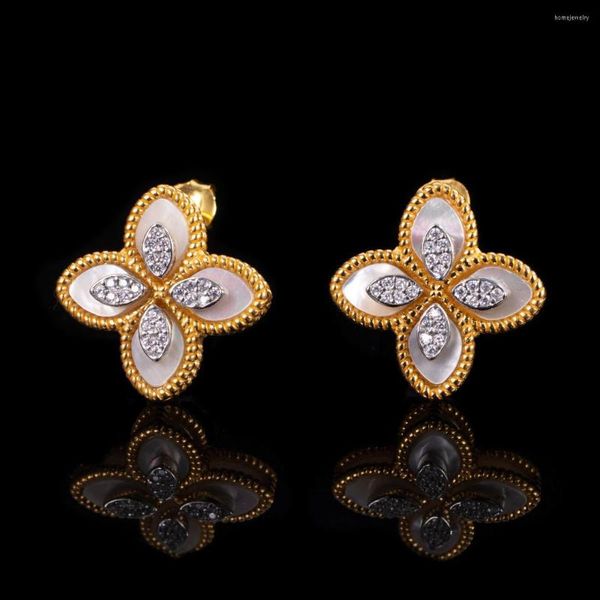 Boucles d'oreilles pendantes en or 18 carats sur argent sterling massif nacre noire pétales d'agate clou de fleur de trèfle C11B2S26169