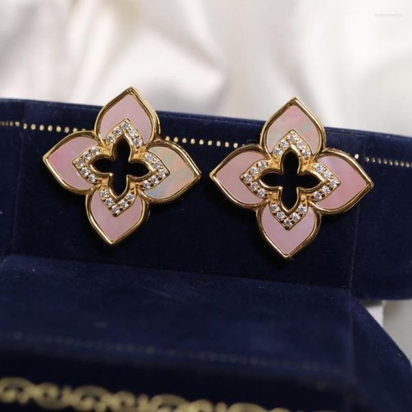 Boucles d'oreilles pendantes en or 18 carats sur argent sterling massif nacre rose pétales de coquillage blanc clou de fleur de trèfle C11B2S26226