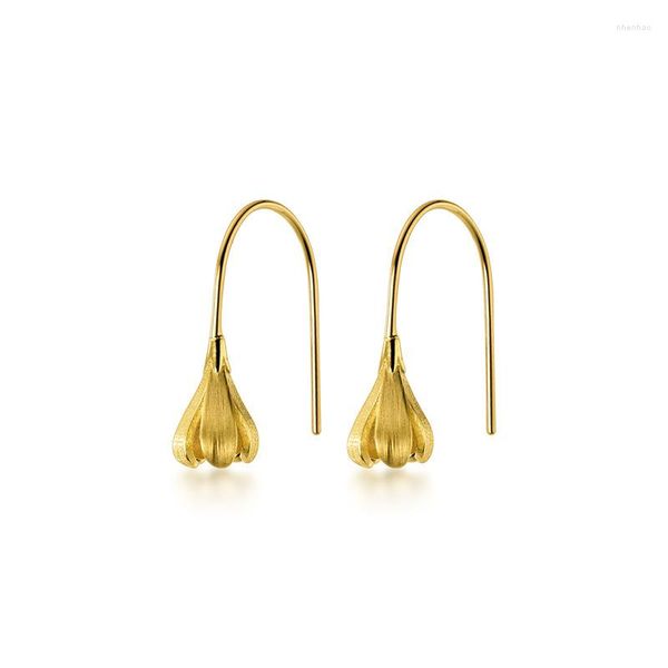 Pendientes Colgantes Oro 18K Real. Joyas de PLATA DE LEY 925 Flor de magnolia cepillada Gancho floral Oreja C-G6599