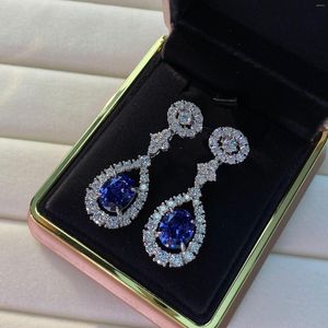 Boucles d'oreilles pendantes en argent Sterling 925, couleur or blanc 18K, pierre bleue, Moissanite, saphir, diamant, goutte, bijoux fins
