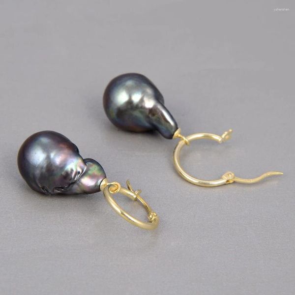 Boucles d'oreilles en peluche 18 mm noirs naturels keshi baroque Baroque d'eau douce perle or couleur plaquée pour femmes