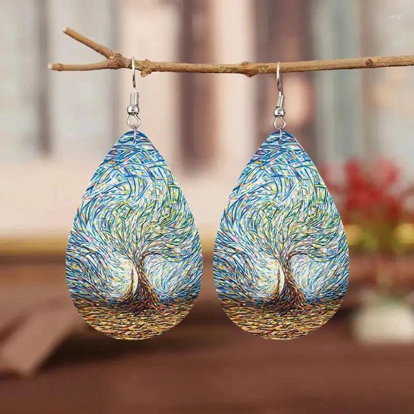 Pendientes colgantes 1 par Estilo de moda bohemia Gota de cuero de PU Estampado de árbol grande Ropa diaria para hombres y mujeres Joyas para las orejas Persona creativa