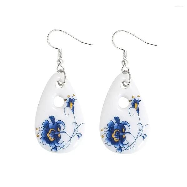 Pendientes colgantes 1 par Chinoiserie Cerámica Gotas de agua Flor Porcelana Pendiente Banquete Mujer Encantos Ganchos para las orejas Joyería elegante para el lóbulo de la oreja