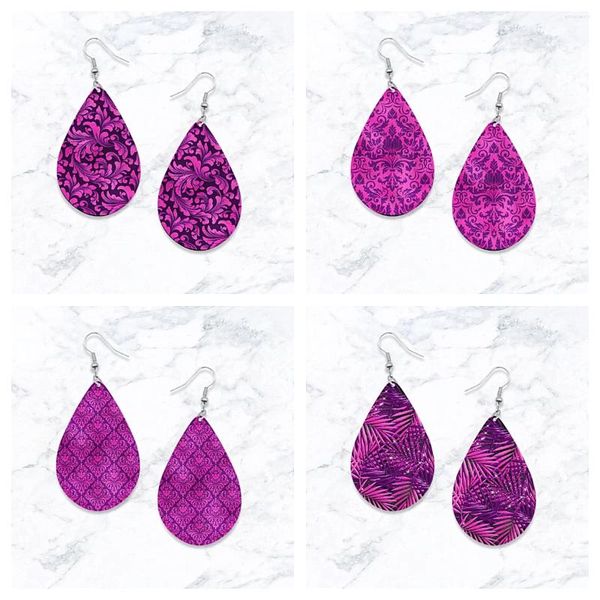 Boucles d'oreilles pendantes, 1 paire, série élégante Iris violet, fleurs, feuilles imprimées, goutte d'eau en bois, bijoux bohème pour filles, cadeaux féminins