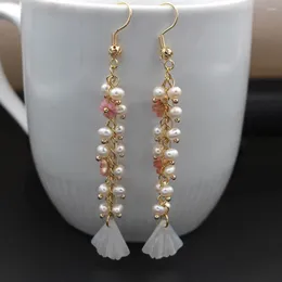 Boucles d'oreilles pendantes, 1 paire, couleur or, perle naturelle, coquille de vadrouille, fil de cuivre enveloppé, fait à la main, fête de mariage pour femmes