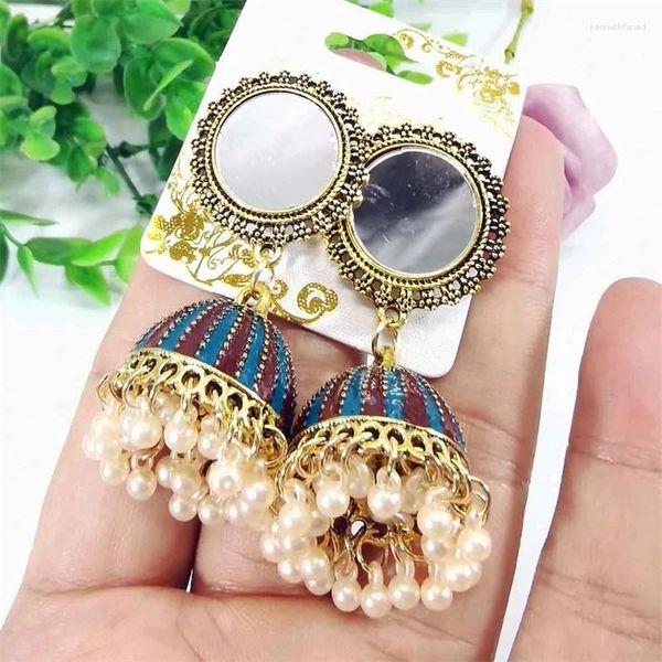 Pendientes colgantes 1 Pair Aleación de estilo gitano para mujeres Damas RETRO RED REDOND Bell Pearls Tassel Mirror étnico Jewerly Regalo