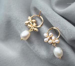 Boucles d'oreilles pendantes 1 paire Real. Bijoux en argent sterling 925 blanc/fleurs dorées/gland de perles faites à la main floral GTLE2645