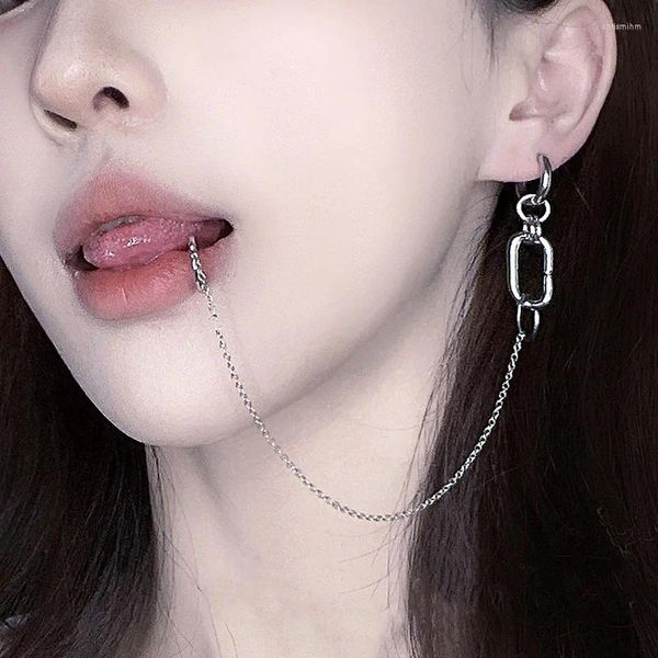 Boucles d'oreilles pendantes 1 pièce en acier inoxydable, chaîne liée, anneau à lèvres articulé, sans Clip de perçage, Style gothique, Punk, bijoux d'Halloween