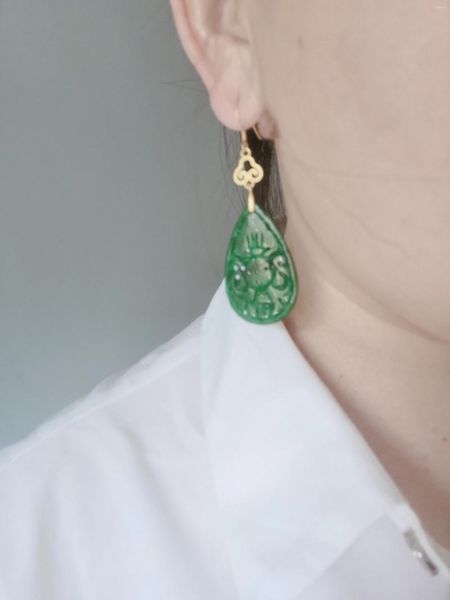 Boucles d'oreilles pendantes 1 pcs/lot Jade vert sec S925 plaqué argent Jin Xiangyun grande goutte grande tranche creuse classique Wishful Lotus National