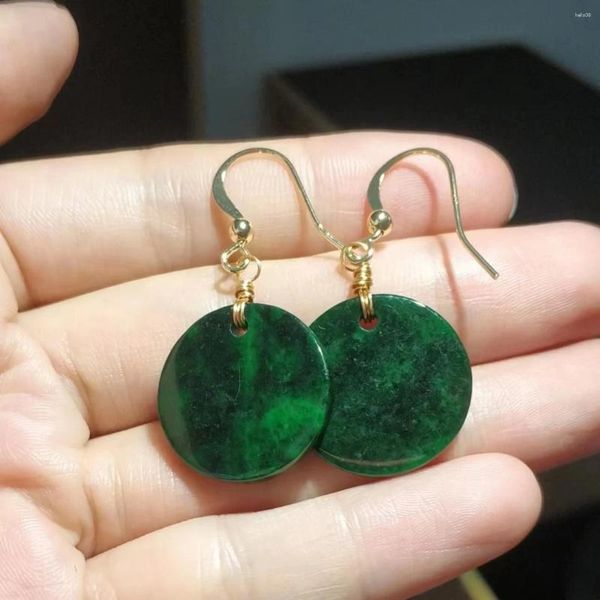 Boucles d'oreilles pendantes 1 pièce/lot, jadéite verte sèche, pierre précieuse naturelle féminine, sac en or 14K, crochets d'oreille, bijoux précieux