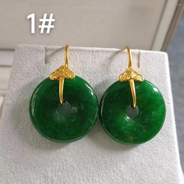 Boucles d'oreilles pendantes 1 pièce/lot, anneau de jade émeraude naturelle, fermoir de sécurité, crochets d'oreille plaqués or en argent S925, style national néoclassique simple