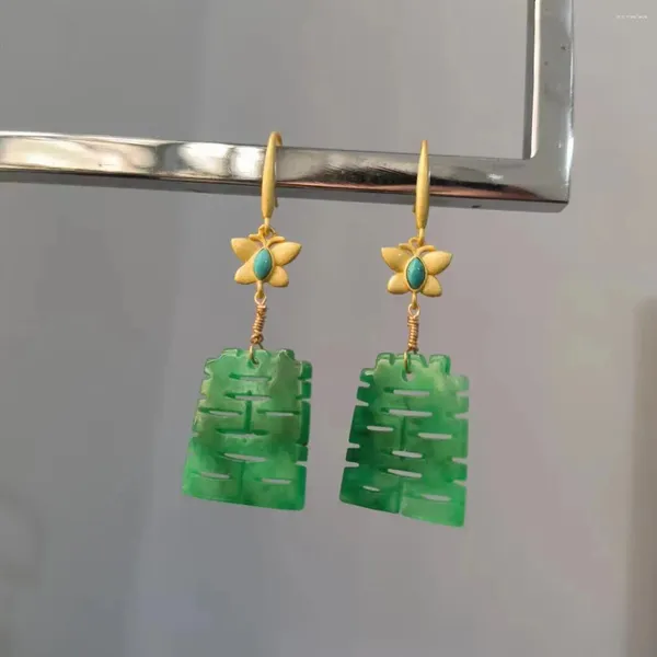 Boucles d'oreilles pendantes 1 pièce/lot crochets d'oreille émeraude naturelle Miss S925 plaqué argent or vert foncé pendentif de caractère chinois Double bonheur