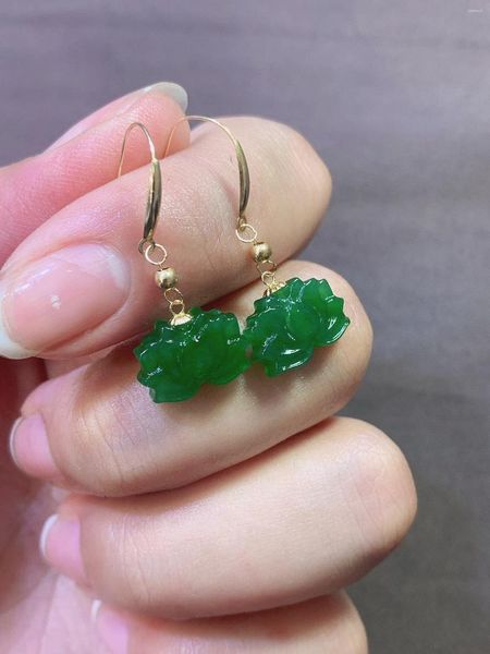 Boucles d'oreilles pendantes 1 pièces/lot jaspe naturel Jade Lotus plante fleurs 18K or goutte crochet femmes oreille bijoux Bijou Femme