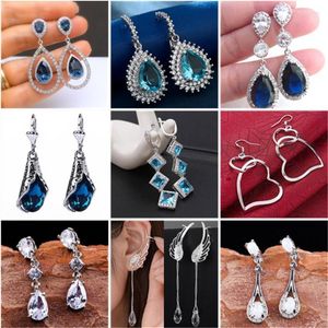 Dange oorbellen 2022 Blue Crystal Rhinestone Silver Color Sieraden Fashion Female Bricons Wedding Drop Earring For Women Gift 40Q240