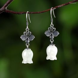 Bengelen oorbellen 2022 Ethnische lelie van de vallei Floral for Women Solid 925 Thaise zilveren bladeren fijne jade tulpen bloemen sieraden
