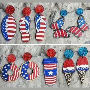 Bengelen oorbellen 2023 American Flag Independent Day Glitter Acryl Studs Fourth of juli Memorial Wood Druppel voor vrouwen