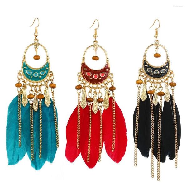 Dangle Boucles D'oreilles 2023 Bohème Style Ethnique En Forme De U Peinture Couleur Chaîne Plume Gland Oreille Goutte Femmes Mode Pendentifs Bijoux