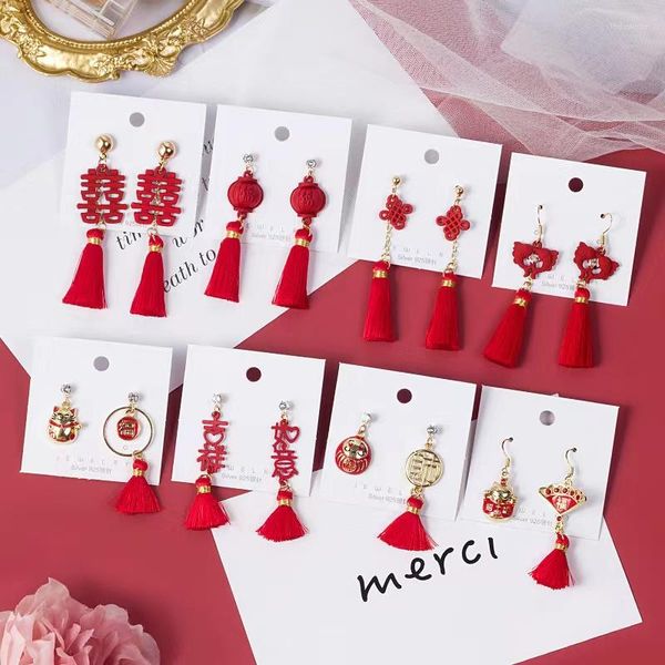 Boucles d'oreilles pendantes 2023 année chinoise S925 aiguille en argent célébrant la mariée rouge lanterne porte-bonheur glands