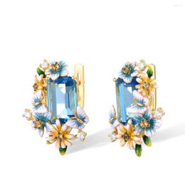 Pendientes colgantes 2023 moda topacio azul marino 925 plata esterlina lujo 18K oro mariposa flor oreja Stud joyería esmaltada hecha a mano