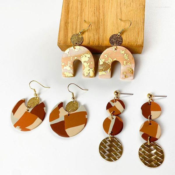 Boucles d'oreilles pendantes faites à la main en métal, feuille d'or, pâte polymère, goutte d'argile pour femmes, style Boho, motif abstrait, bijoux suspendus, 2023