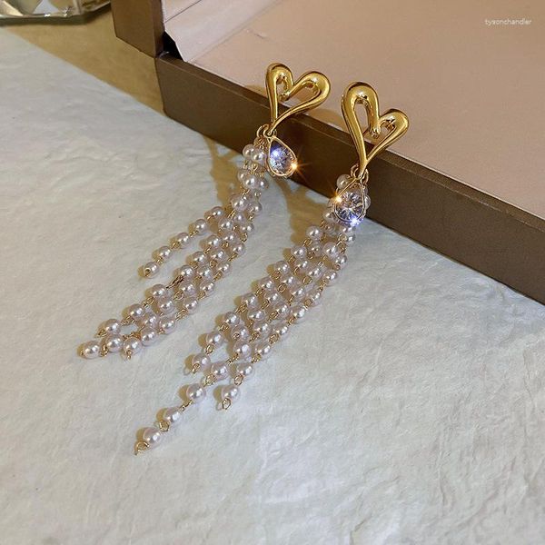 Boucles d'oreilles pendantes en cristal pour filles, bijoux de luxe, longs pampilles, perles, mode coréenne, fête, 2023