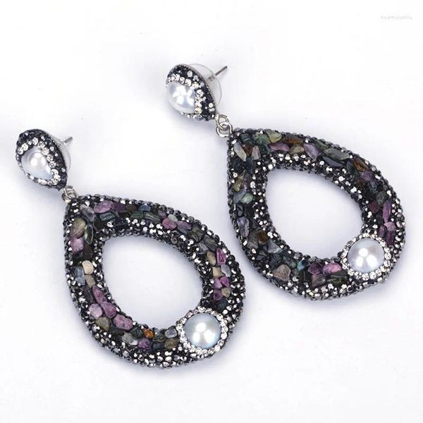 Pendientes colgantes 2023 Lágrima hueca Colgante de gota de agua Joyería de lujo Pave Colorido Cristal Rhinestone Perla natural Pendiente para mujeres