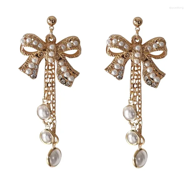 Boucles d'oreilles pendantes pour femmes, Clip d'oreille avec nœud doux, pompon en perles, Long tempérament, japon et corée du sud, 2023