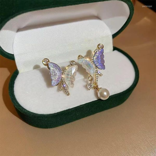 Pendientes colgantes 2023, moda coreana, amatista, mariposa asimétrica, colgante de perlas para mujer, accesorios exquisitos, joyería